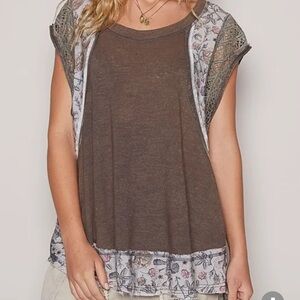 POL Brown Relaxed T-Shirt with Silver Cap Sleeves